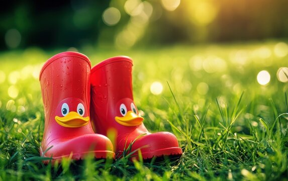 A charming close-up of red duck-face rubber boots on fresh green grass, highlighting a playful spring vibe with a vintage pastel color palette