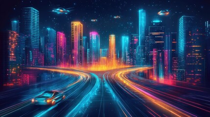 Fototapeta premium Futuristic cityscape at night with neon lights, flying vehicles, and a self-driving car on a glowing highway.