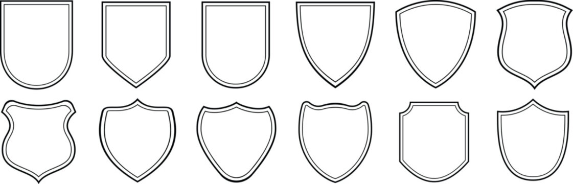 Shield icons set, shield vector, police badge shape. Vector military shield silhouette on white background. 
