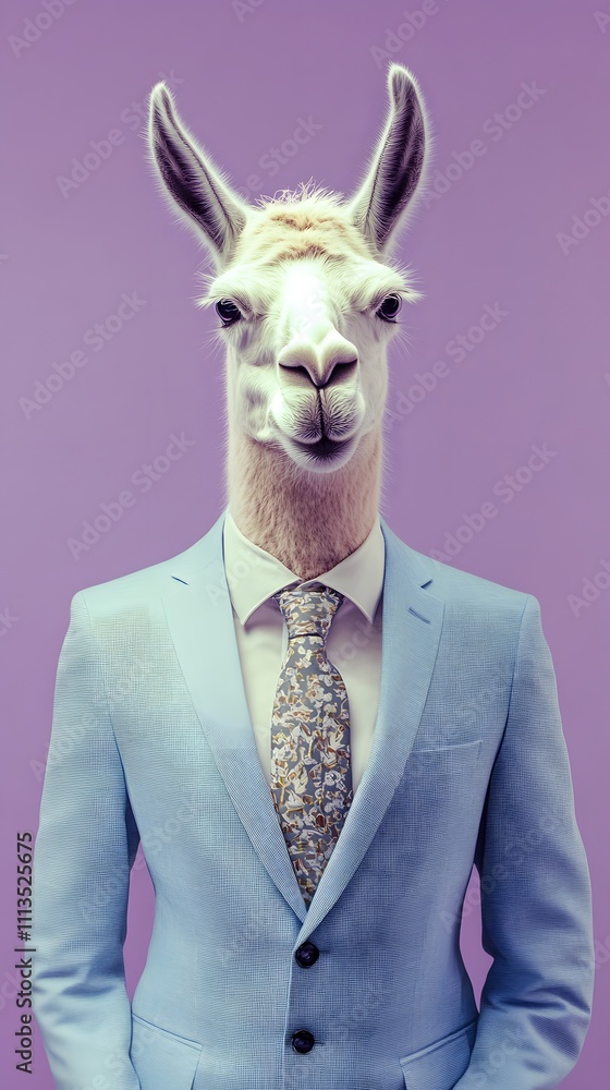 Aufkleber a llama in a light blue office suit with a patterned tie, standing elegantly in front of a soft purp