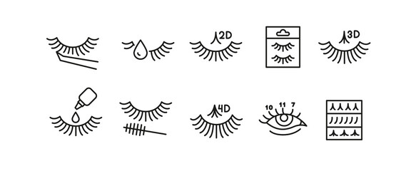 Eyelash Extension Icons. 10 eyelash extension trendy minimal icons. Tweezer, Eyelash, Lash Glue, Eye, Mascara icons. Design signs for web, mobile app, packaging design. Vector illustration