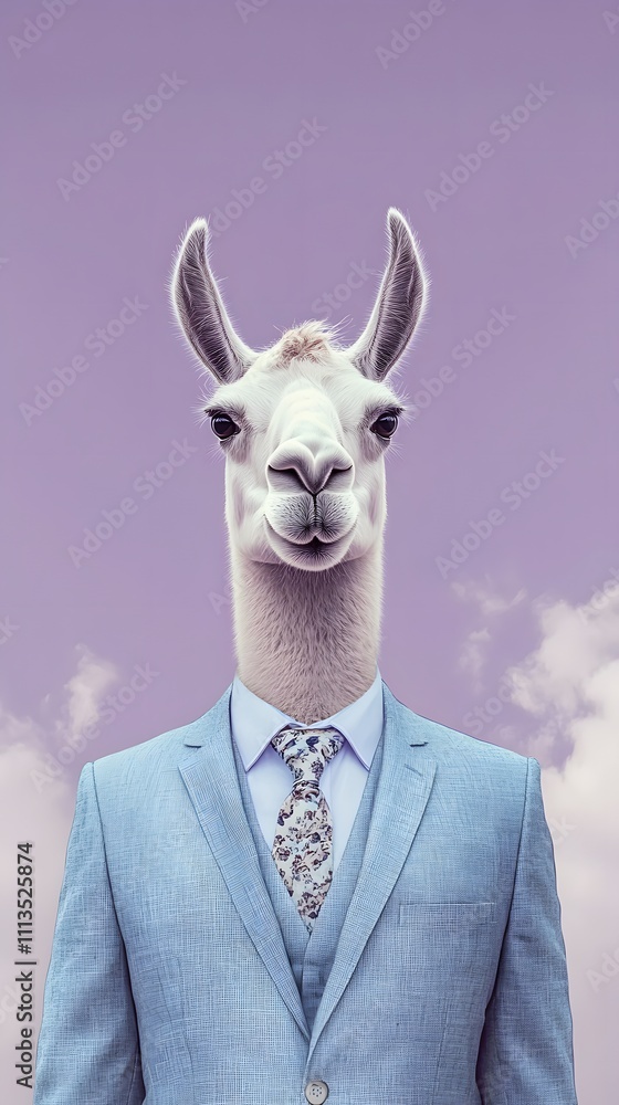 Poster a llama in a light blue office suit with a patterned tie, standing elegantly in front of a soft purp