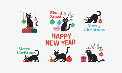Christmas Holiday Vectors Starring a Charming Black Cat, easily editable.