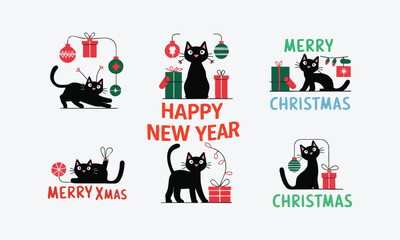 Christmas Holiday Vectors Starring a Charming Black Cat, easily editable.