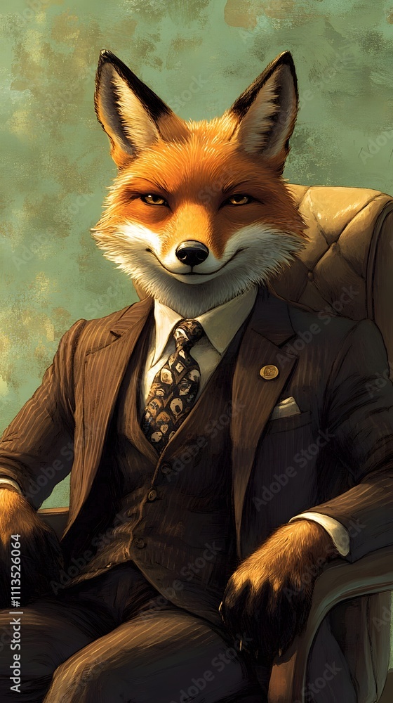 Poster a fox in a dark brown suit with a patterned tie, sitting in an office chair in front of a green back
