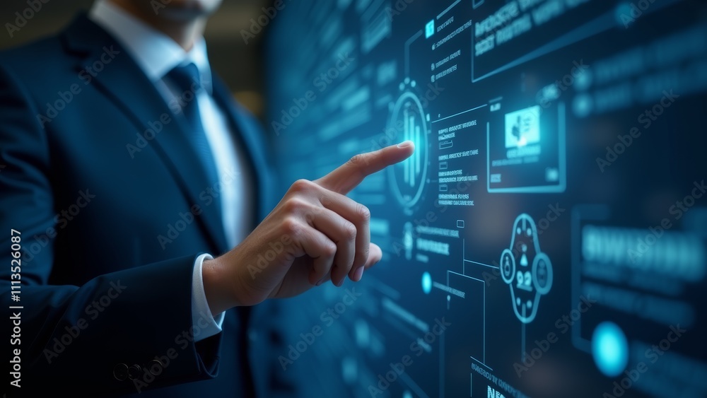 Poster business professional interacting with digital touchscreen interface in a modern office setting duri