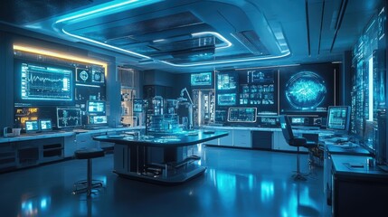 Futuristic laboratory with advanced technology and digital interfaces.
