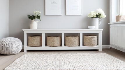 White Entryway Bench With Baskets Flowers And Rug