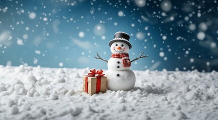Fototapeta premium Snowman in a snowy winter day. Merry christmas and happy new year. Snowman on the snowy winter background.
