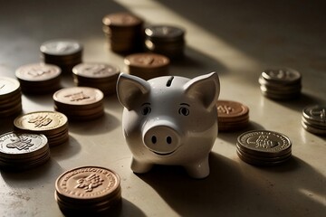 A piggy bank surrounded by stacks of coins, symbolizing the importance of saving money and building wealth over time through small, consistent contributions.