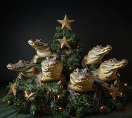 Fototapeta premium Christmas tree made of crocodiles and decorated with alligators, humorous design, quirky holiday