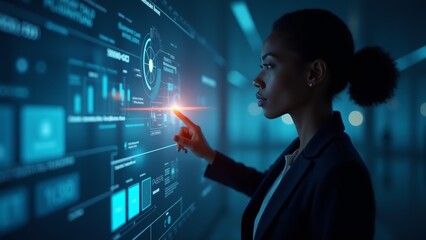 A Businesswoman Interacts With a Digital Interface in a Modern Office During a Late Evening
