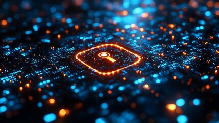 Glowing Digital Lock Floating Amidst Neon Blue Data Streams Symbolizing Cybersecurity in Connected World