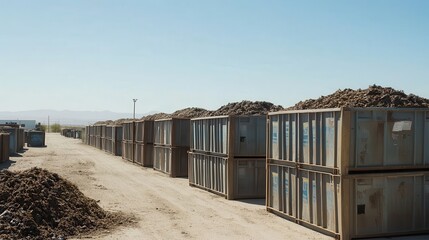 A row of large storage containers filled with organic compost material under a clear blue sky in a rural environment, showcasing waste management practices and sustainability efforts.