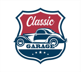 classic car garage logo vector illustration, perfect for car restoration and repair