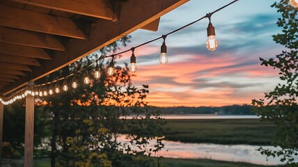 Hanging light bulbs on a wooden pergola at sunset.