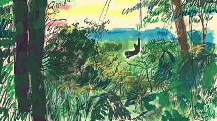 Lush jungle scene with a person swinging on a rope.