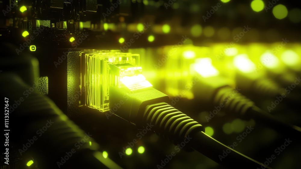 Poster close-up view of illuminated ethernet ports and connectors in data center environment highlighting d