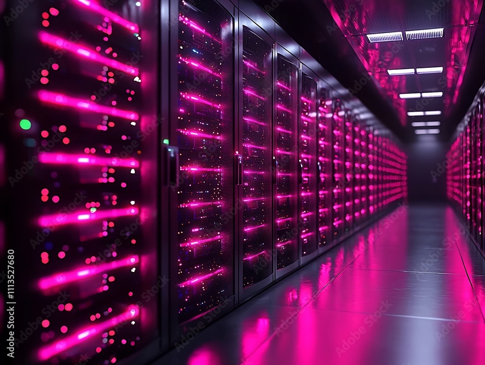 Poster futuristic data center surrounded by glowing firewalls representing cybersecurity protection in clou