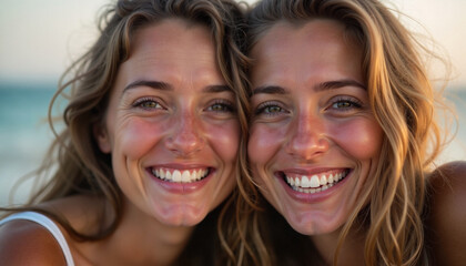 Joyful moments shared between friends on a sunny beach during a serene sunset