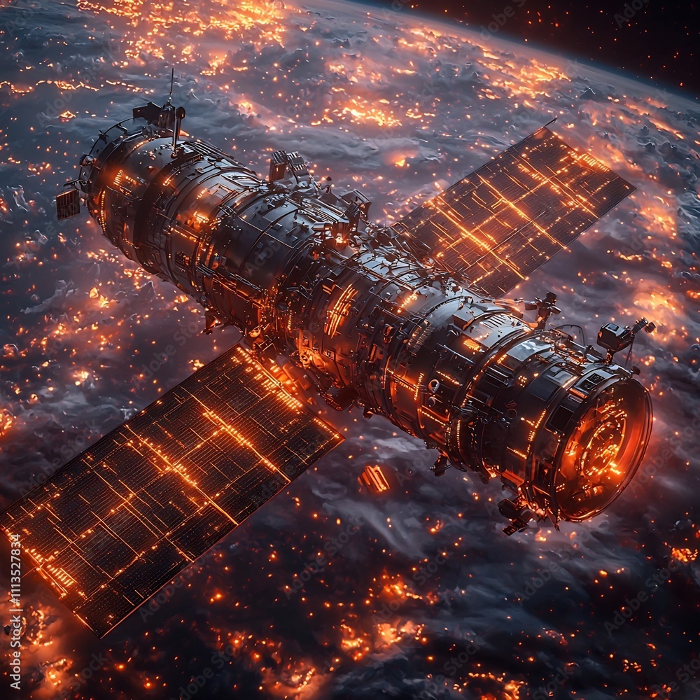 Poster futuristic satellite surrounded by digital shields representing cybersecurity in space communication