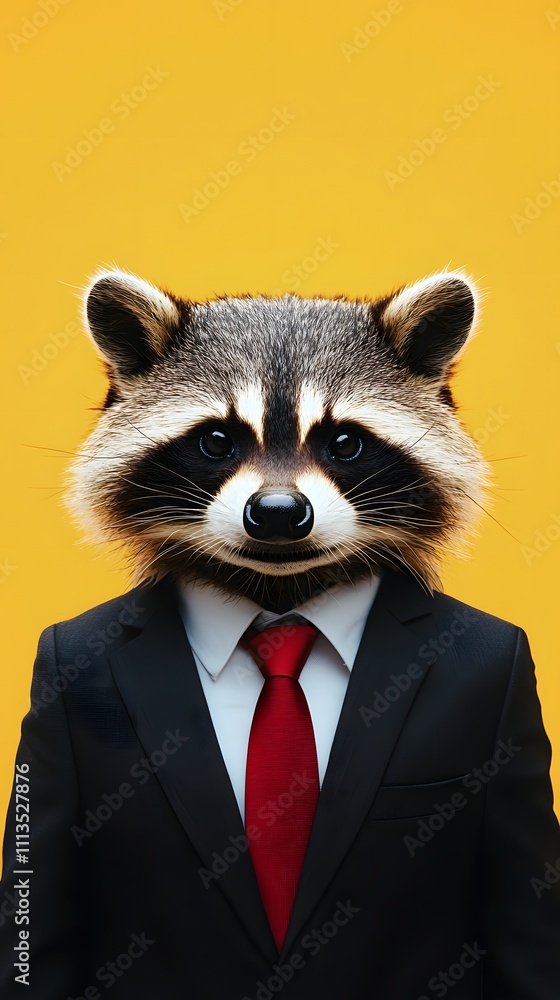 Poster a raccoon in a sharp office suit with a red tie, standing tall against a soft yellow background, wit