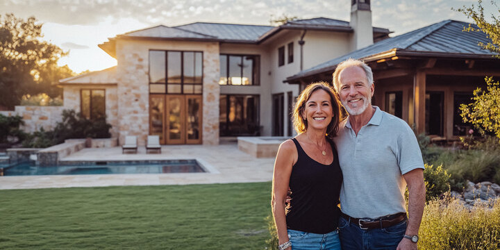 An Attractive Older Couple Poses in Front of Their Luxury Home
