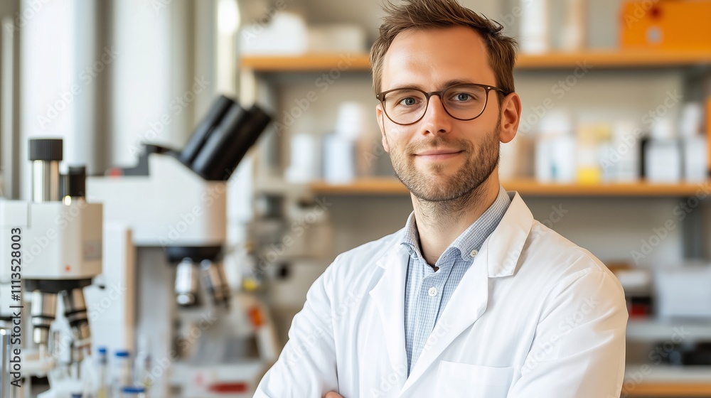 Poster research scientist in laboratory setting conducting experiments with advanced equipment during work 