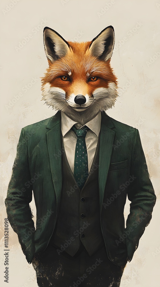 Poster a fox in a dark green office blazer and tie, standing with hands in pockets in front of a neutral be