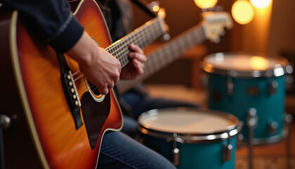 Obraz premium Strumming melodies in a cozy studio during an evening jam session with friends