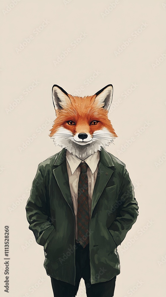 Poster a fox in a dark green office blazer and tie, standing with hands in pockets in front of a neutral be