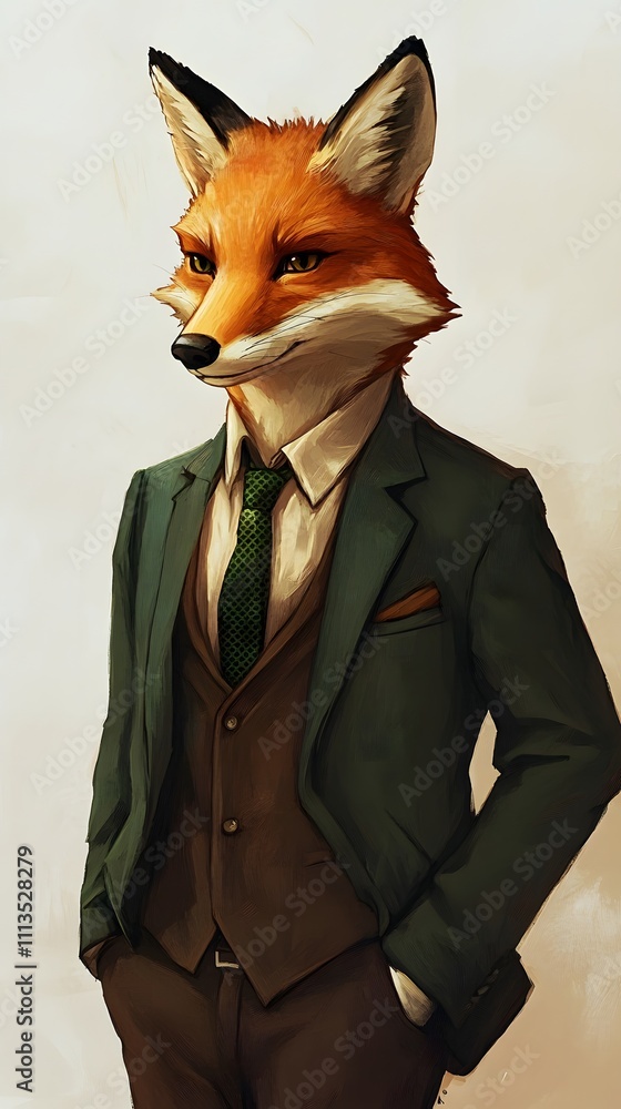 Poster a fox in a dark green office blazer and tie, standing with hands in pockets in front of a neutral be