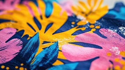 Fototapeta premium Close-up of vibrant floral textile with textured paint strokes.