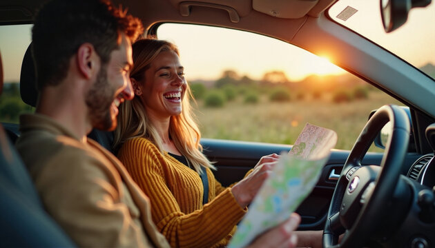 Joyful couple exploring the countryside during sunset while looking at a map