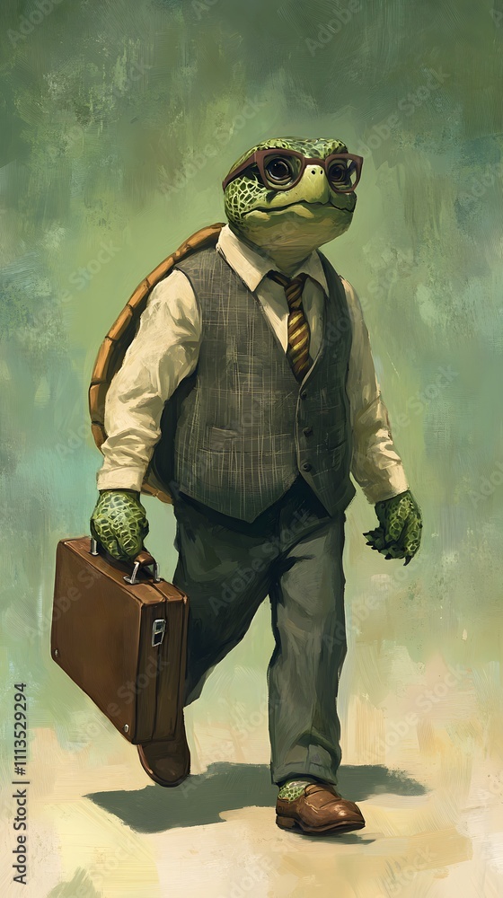 Poster a turtle in a smart vest, tie, and glasses, walking with a briefcase in front of a soft green backgr