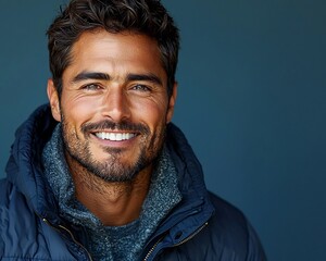 Obraz premium Handsome Man in Sporty Jacket Captured in Candid Moment of Laughter Exuding Charm and Authenticity