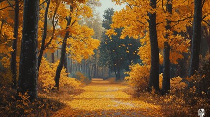 Fototapeta premium Vibrant autumn forest with a carpet of golden leaves, creating a picturesque and enchanting natural scene
