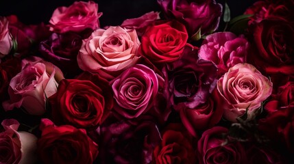 A vibrant close-up of pink roses in full bloom, floral background. Velvety petals, rich color by soft natural lighting. Hyper-realistic details, top view romantic elegance. Valentine’s Day