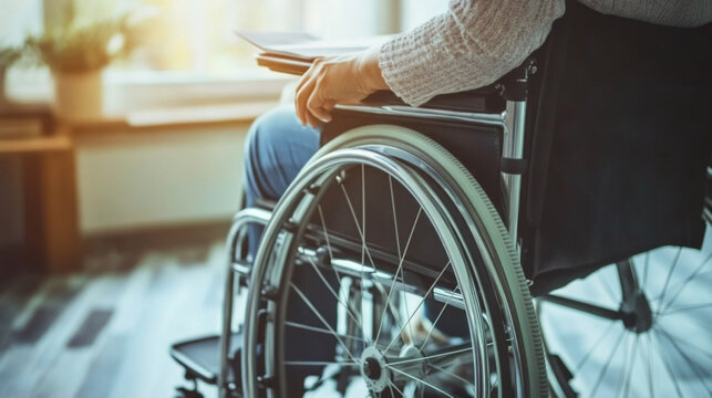 Person in wheelchair overlooking city skyline from office