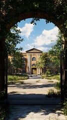 Obraz premium A grand entrance view of a historic building surrounded by nature.