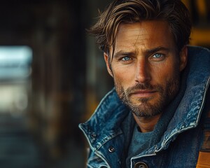 Obraz premium Confident and Ruggedly Handsome Man in Denim Jacket Stands Amid Industrial Backdrop