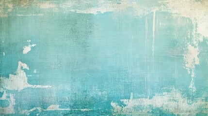 Fototapeta premium A serene grunge background in light teal and turquoise hues, with faded areas, peeling textures, and subtle scratches giving a worn yet calming effect.