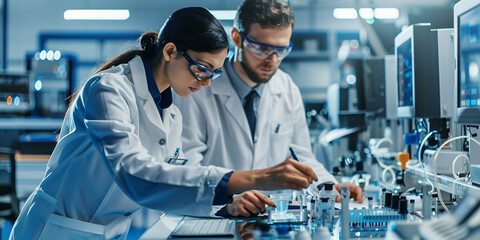 Two professionals in lab coats collaborating on electronic devices in a modern laboratory setting