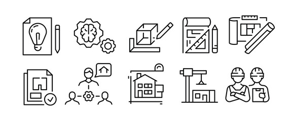 Engineering icons. Set of 10 engineering trendy minimal icons. Compass, Drafting Tool, Construction Worker icons. Design signs for web page, mobile app, technical documentation. Vector illustration
