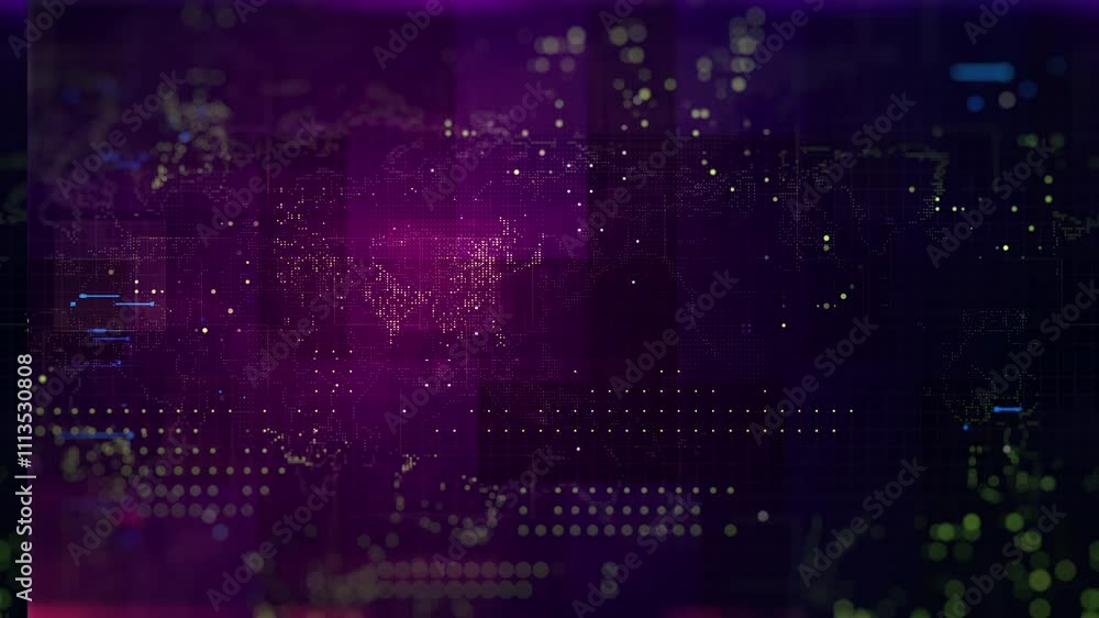 Poster a futuristic digital world map with glowing lines, data points, and a grid overlay, bathed in shades