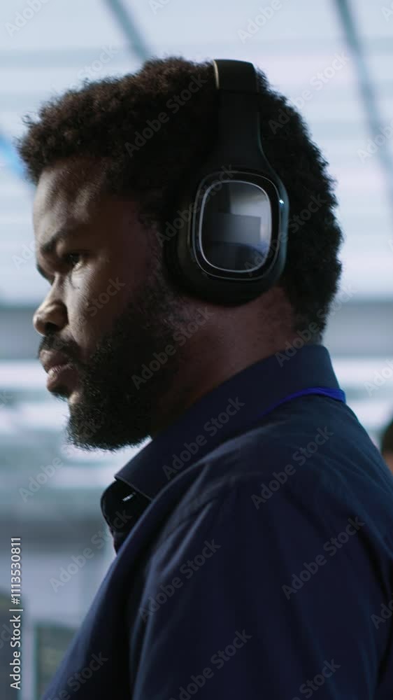 Poster vertical video computer scientist putting headphones on in server room, working to ensure minimal do