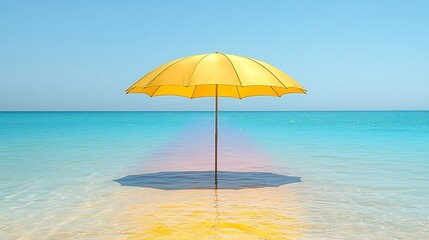 Yellow beach umbrella in shallow turquoise water.