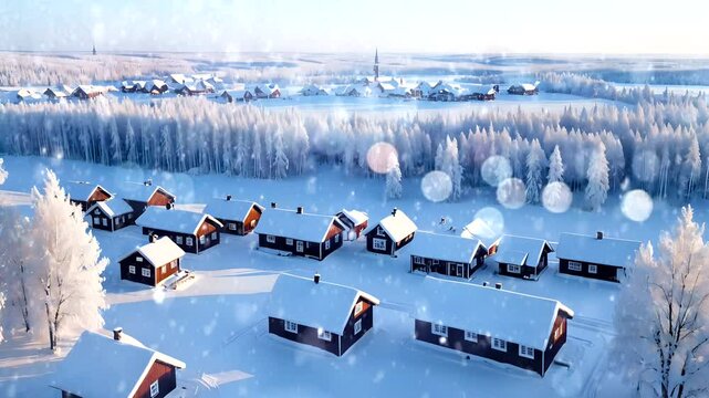 A winter countryside scene featuring a cozy house surrounded by tall pine trees, blanketed in snow." Seamless looping 4k time-lapse animation video background  