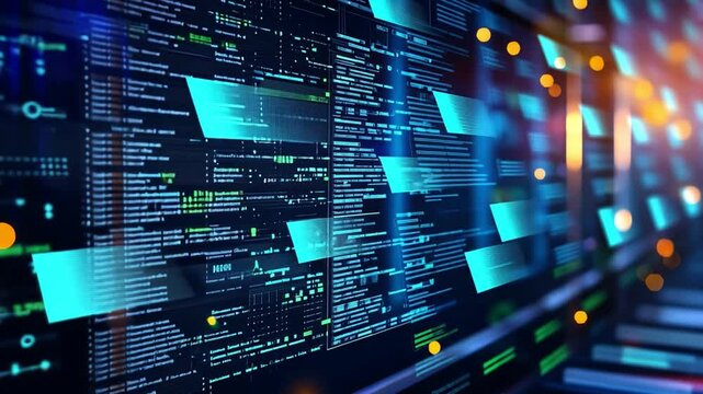 Futuristic digital interface with glowing data and network lines, showcasing advanced technology and information processing.