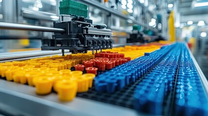 Fototapeta premium Automated assembly line producing colorful plastic parts.